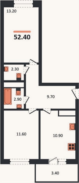 Планировка: 2-к, 52,4 м²