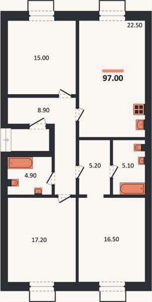 Планировка: 3-к, 97 м²