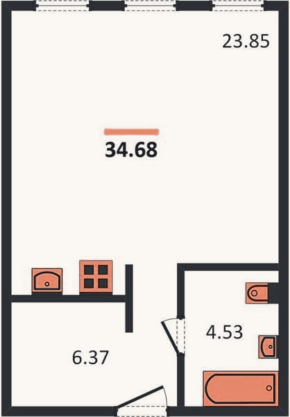 Планировка: Студия, 34,7 м²