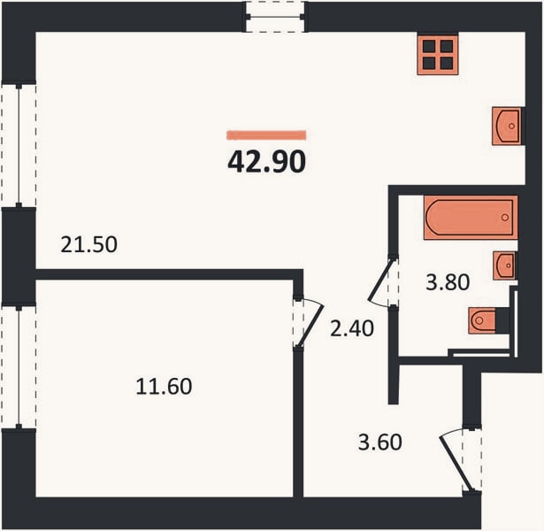 Планировка: 1-к, 42,9 м²
