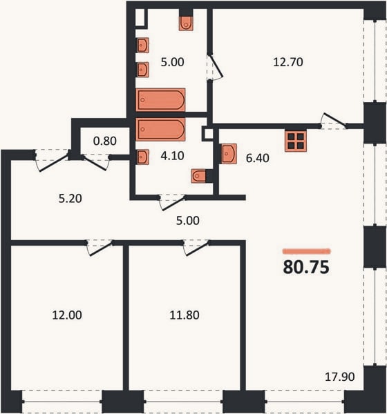 Планировка: 3-к, 80,8 м²