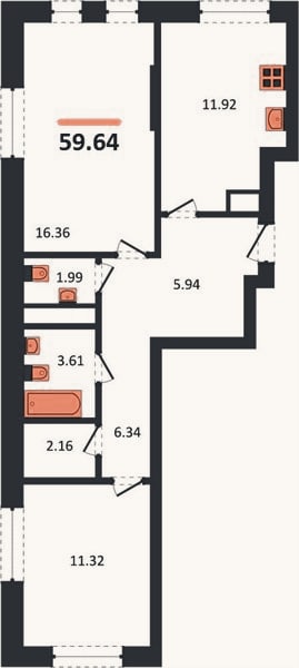 Планировка: 2-к, 59,6 м²