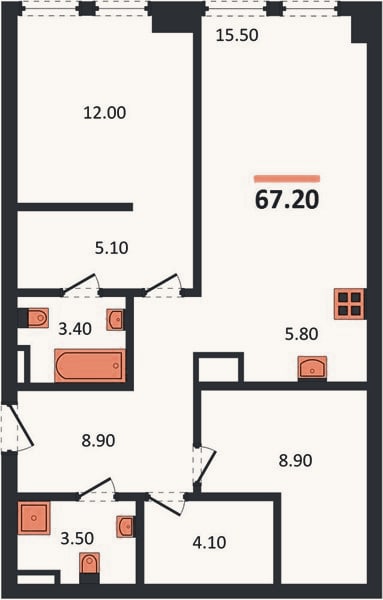 Планировка: 1-к, 67,2 м²