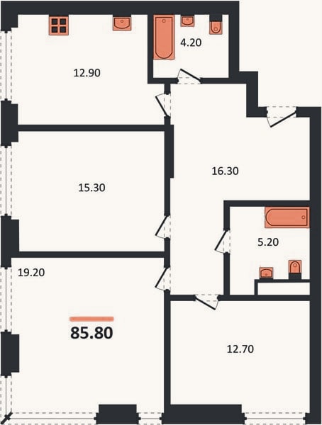 Планировка: 3-к, 85,8 м²