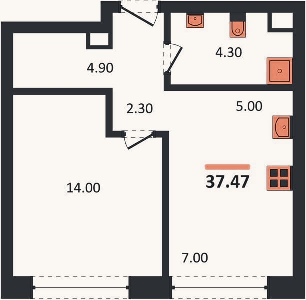 Планировка: 1-к, 37,5 м²