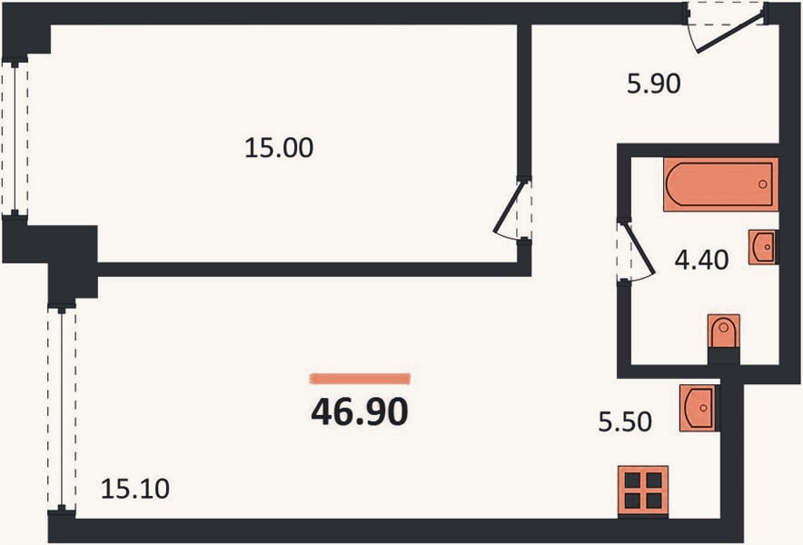 Планировка: 1-к, 46,9 м²