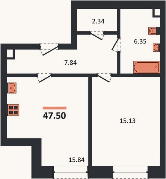 Планировка: 1-к, 47,5 м²