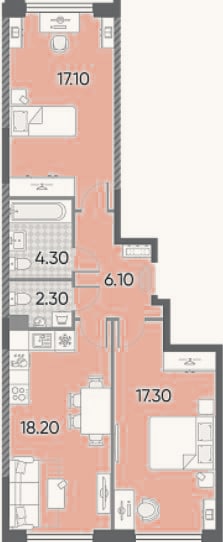 Планировка: 2-к, 65,3 м²