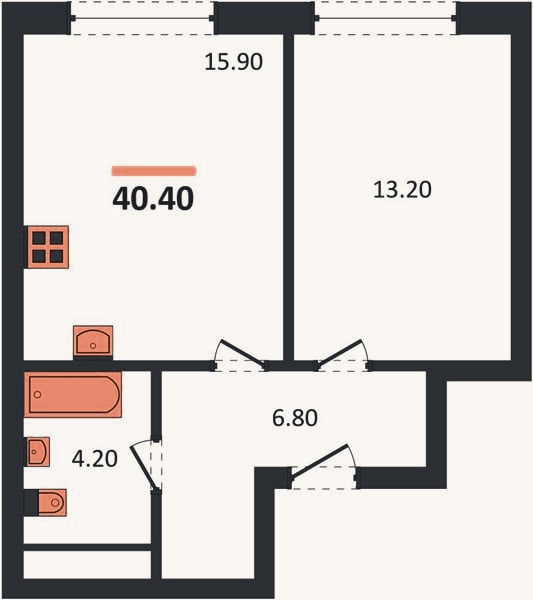 Планировка: 1-к, 40,1 м²
