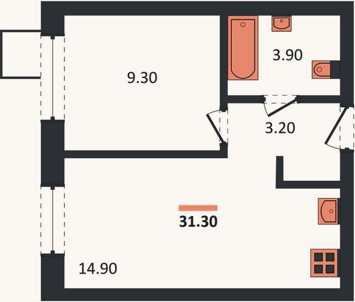 Планировка: 1-к, 31,3 м²
