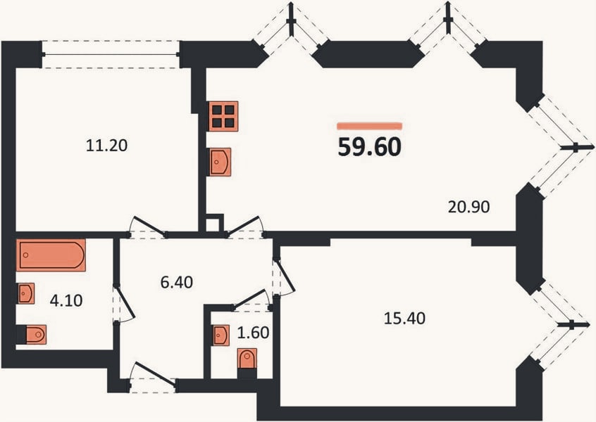 Планировка: 2-к, 59,6 м²