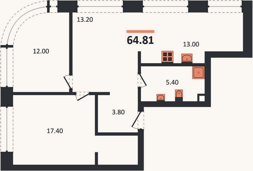 Планировка: 2-к, 64,8 м²