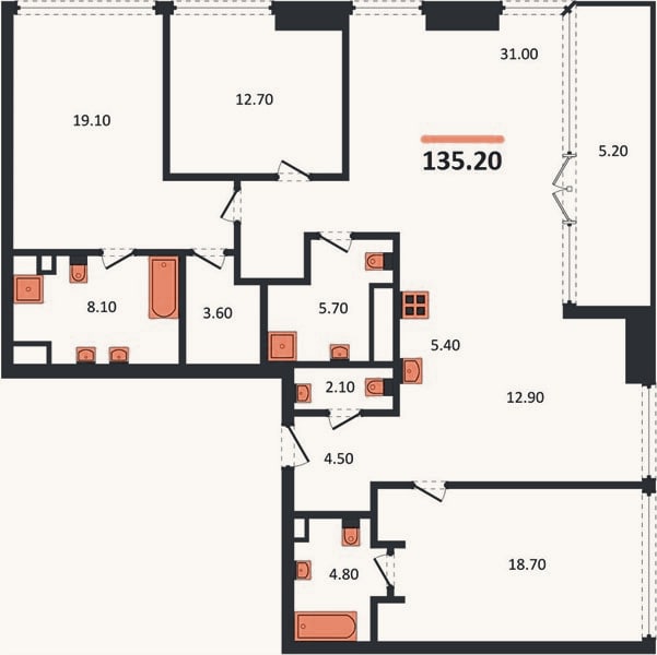 Планировка: 3-к, 135,2 м²