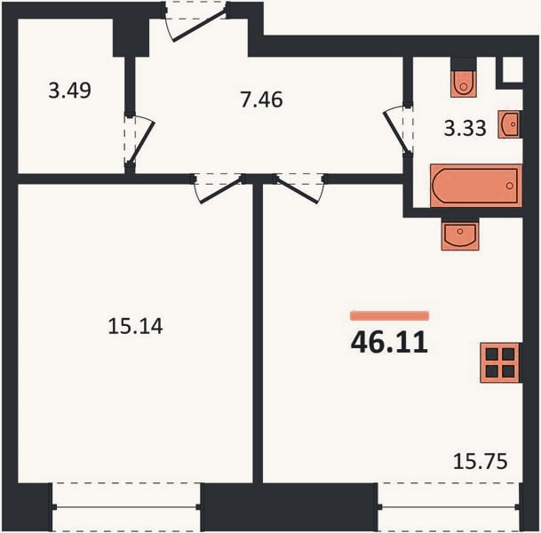 Планировка: 1-к, 46,1 м²