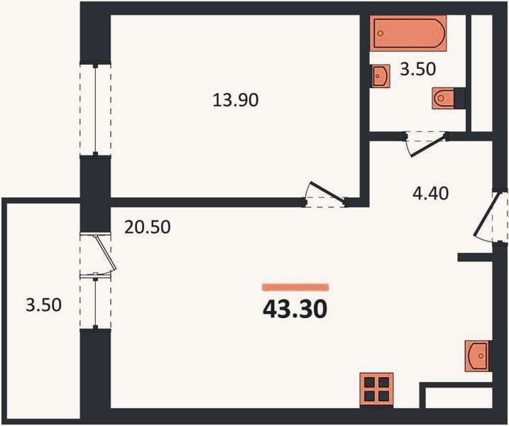 Планировка: 1-к, 43,3 м²