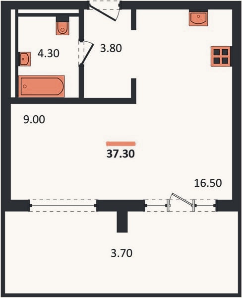 Планировка: 1-к, 37,3 м²