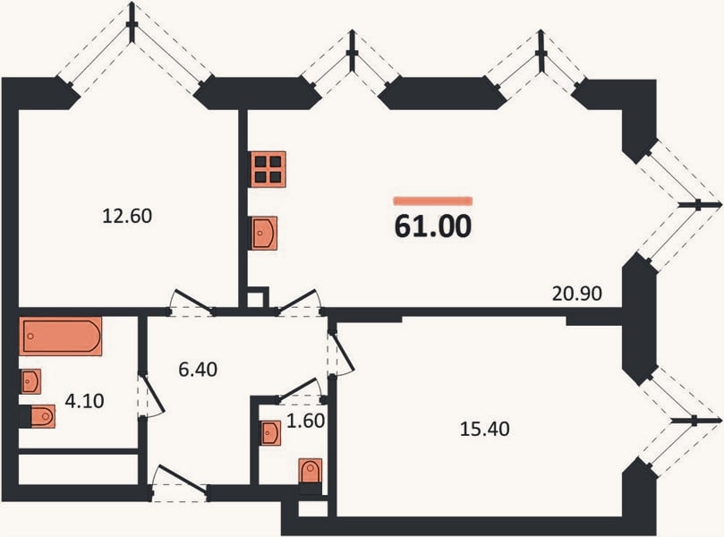 Планировка: 2-к, 61 м²