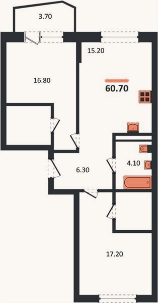 Планировка: 2-к, 60,7 м²