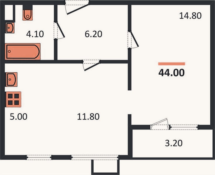 Планировка: 1-к, 44 м²