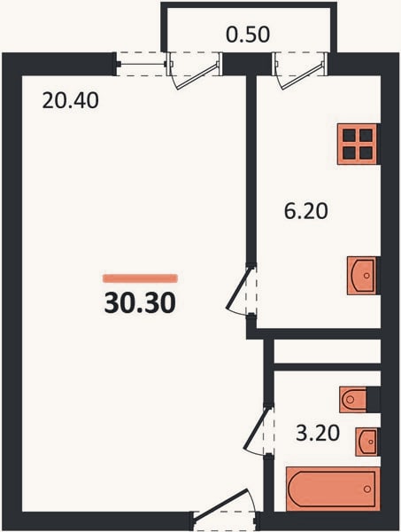 Планировка: 1-к, 30,3 м²