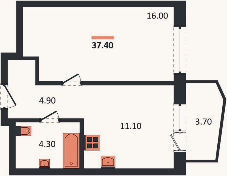 Планировка: 1-к, 37,4 м²
