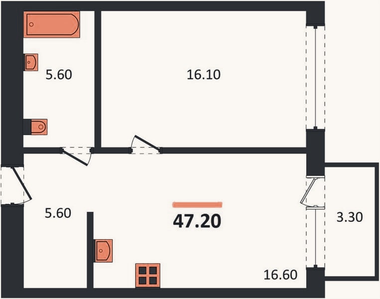 Планировка: 1-к, 47,2 м²