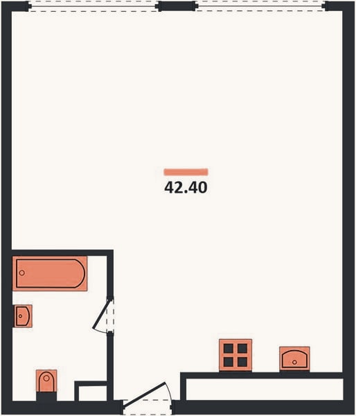 Планировка: 1-к, 42,4 м²