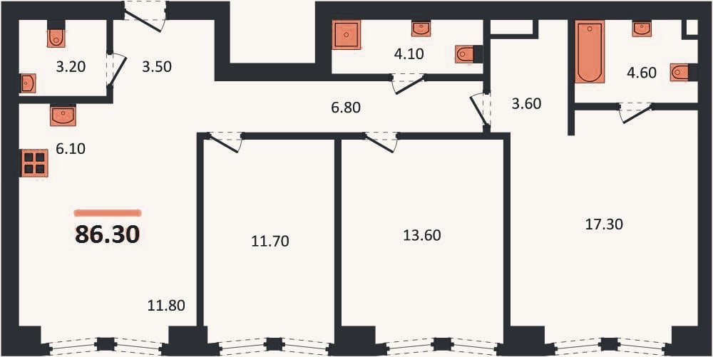 Планировка: 3-к, 86,3 м²