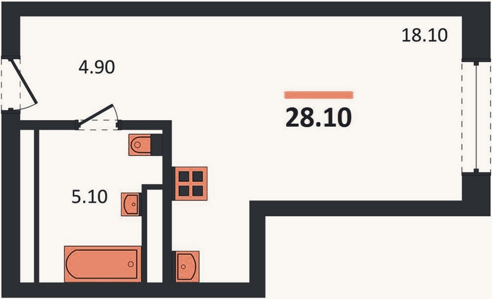 Планировка: Студия, 28,1 м²