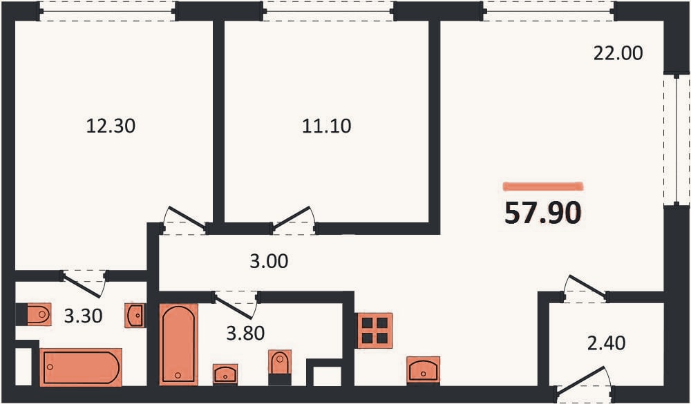 Планировка: 2-к, 57,9 м²