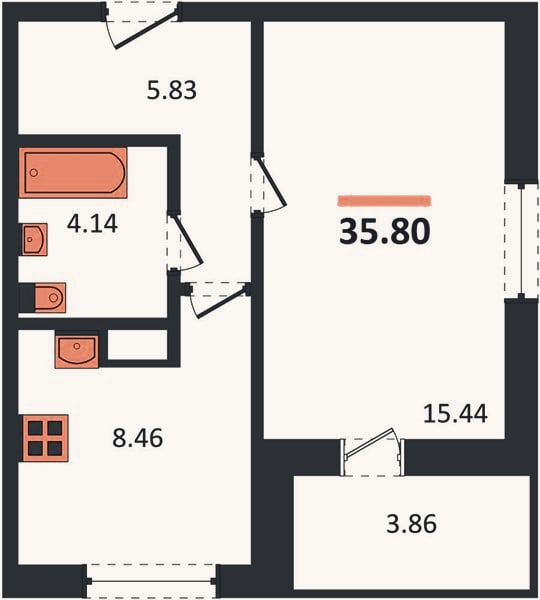 Планировка: 1-к, 35,8 м²