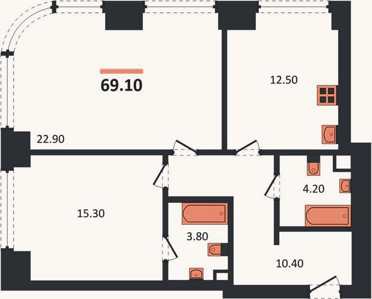 Планировка: 2-к, 69,1 м²