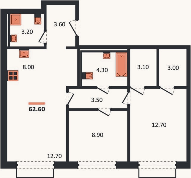 Планировка: 2-к, 62,6 м²