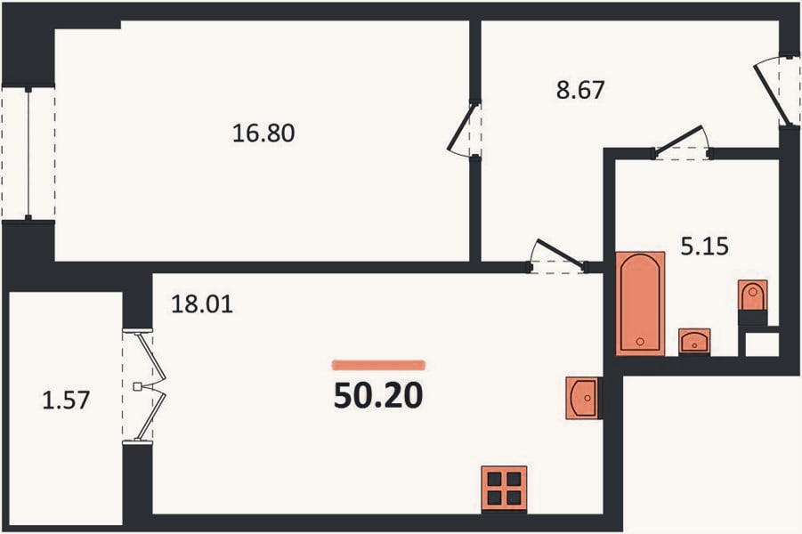 Планировка: 1-к, 50,2 м²