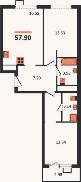 Планировка: 2-к, 57,9 м²