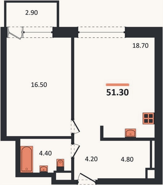 Планировка: 1-к, 51,3 м²
