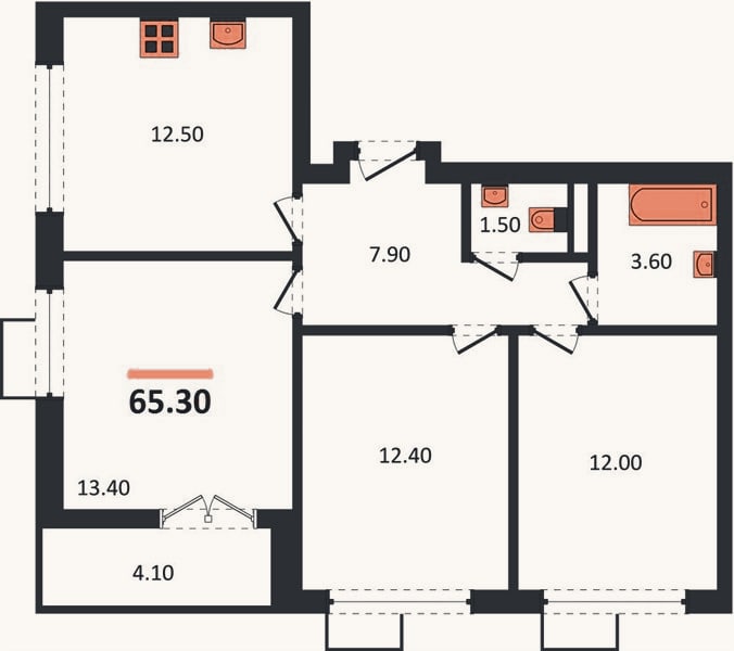 Планировка: 3-к, 65,3 м²