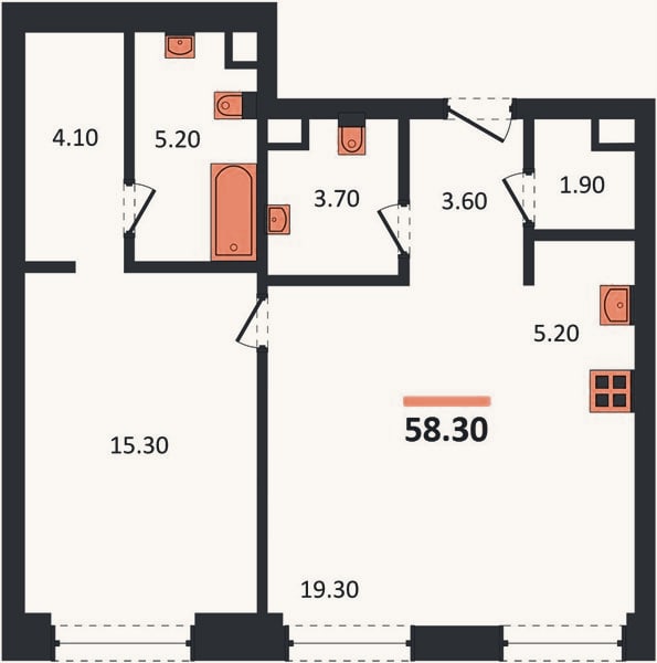 Планировка: 1-к, 58,3 м²