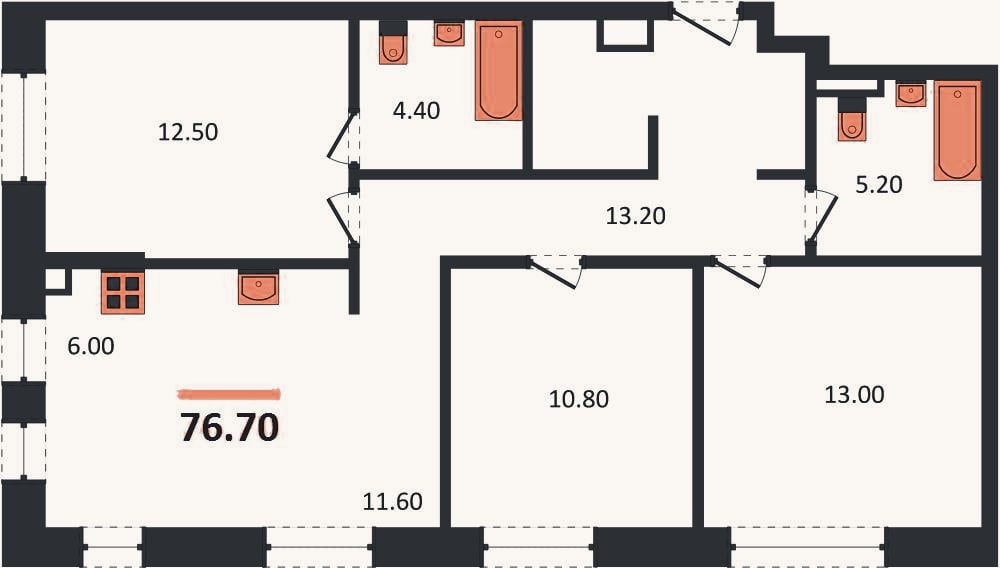 Планировка: 3-к, 76,7 м²
