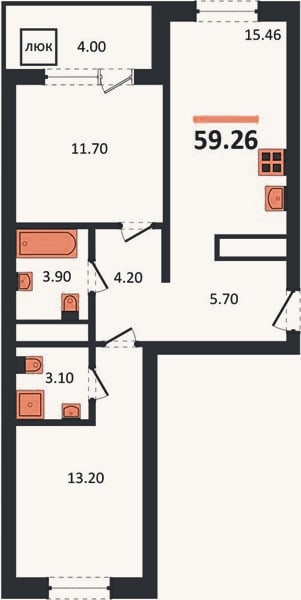 Планировка: 2-к, 59,3 м²