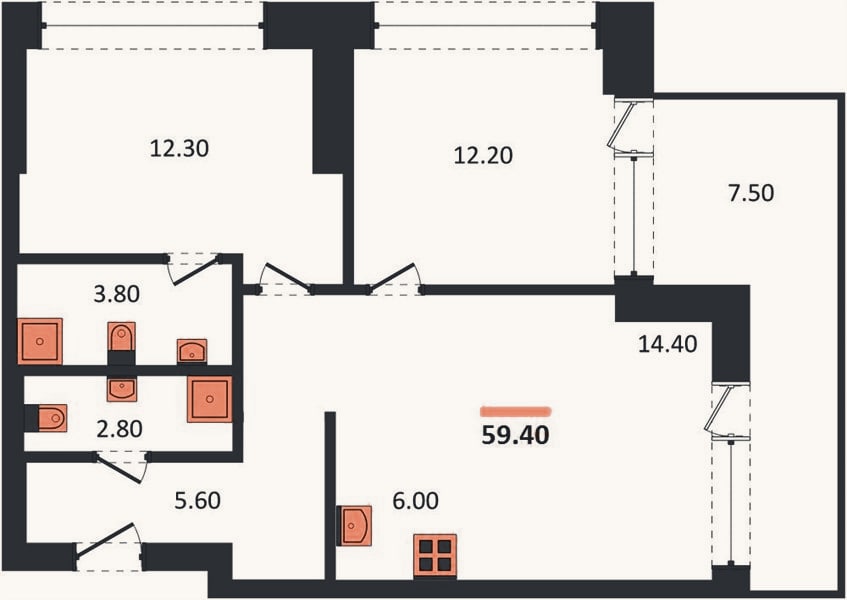 Планировка: 2-к, 59,4 м²