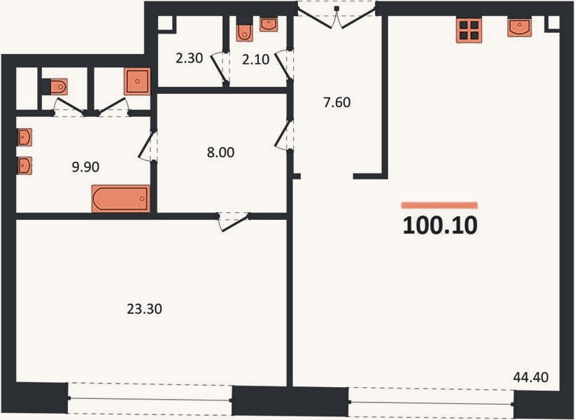 Планировка: 1-к, 100,1 м²