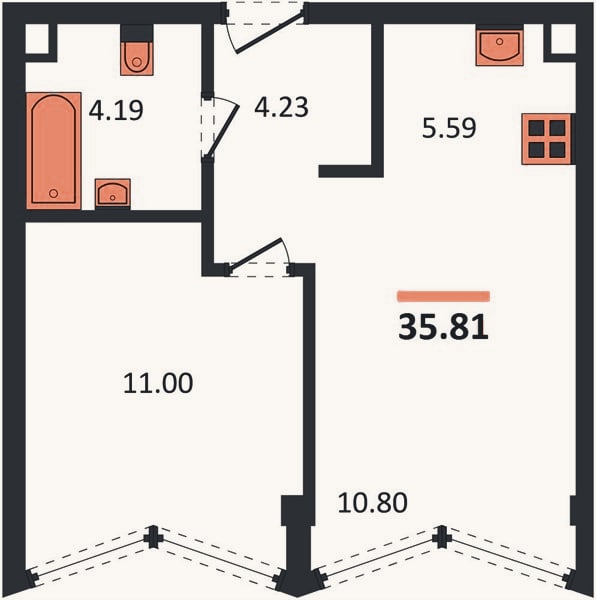 Планировка: 1-к, 35,8 м²