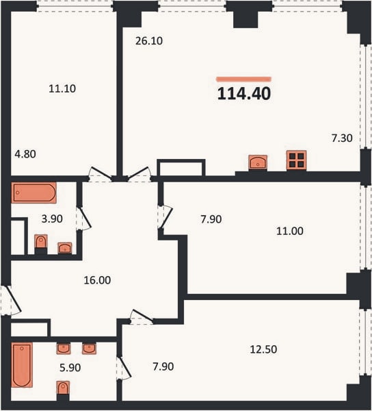 Планировка: 3-к, 114,4 м²