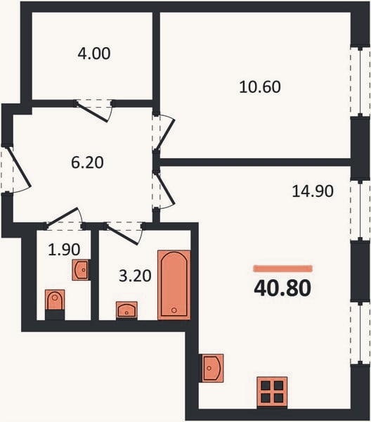 Планировка: 1-к, 41,7 м²