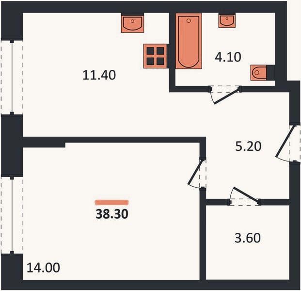Планировка: 1-к, 38,3 м²