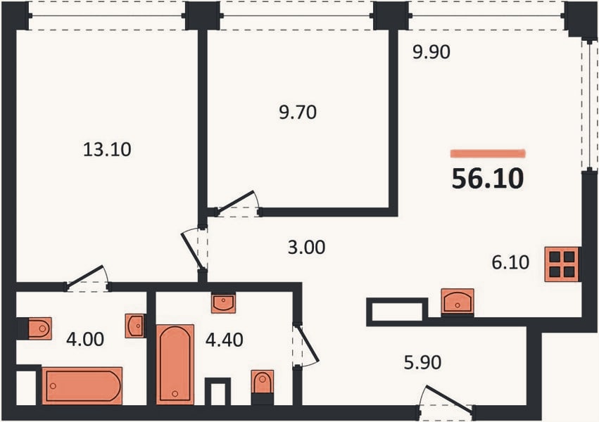 Планировка: 2-к, 56,4 м²