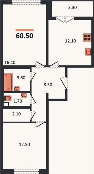Планировка: 2-к, 60,4 м²