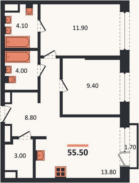 Планировка: 2-к, 55,5 м²