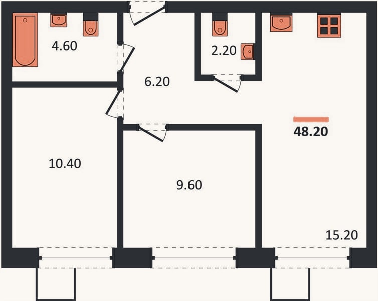 Планировка: 2-к, 48,2 м²